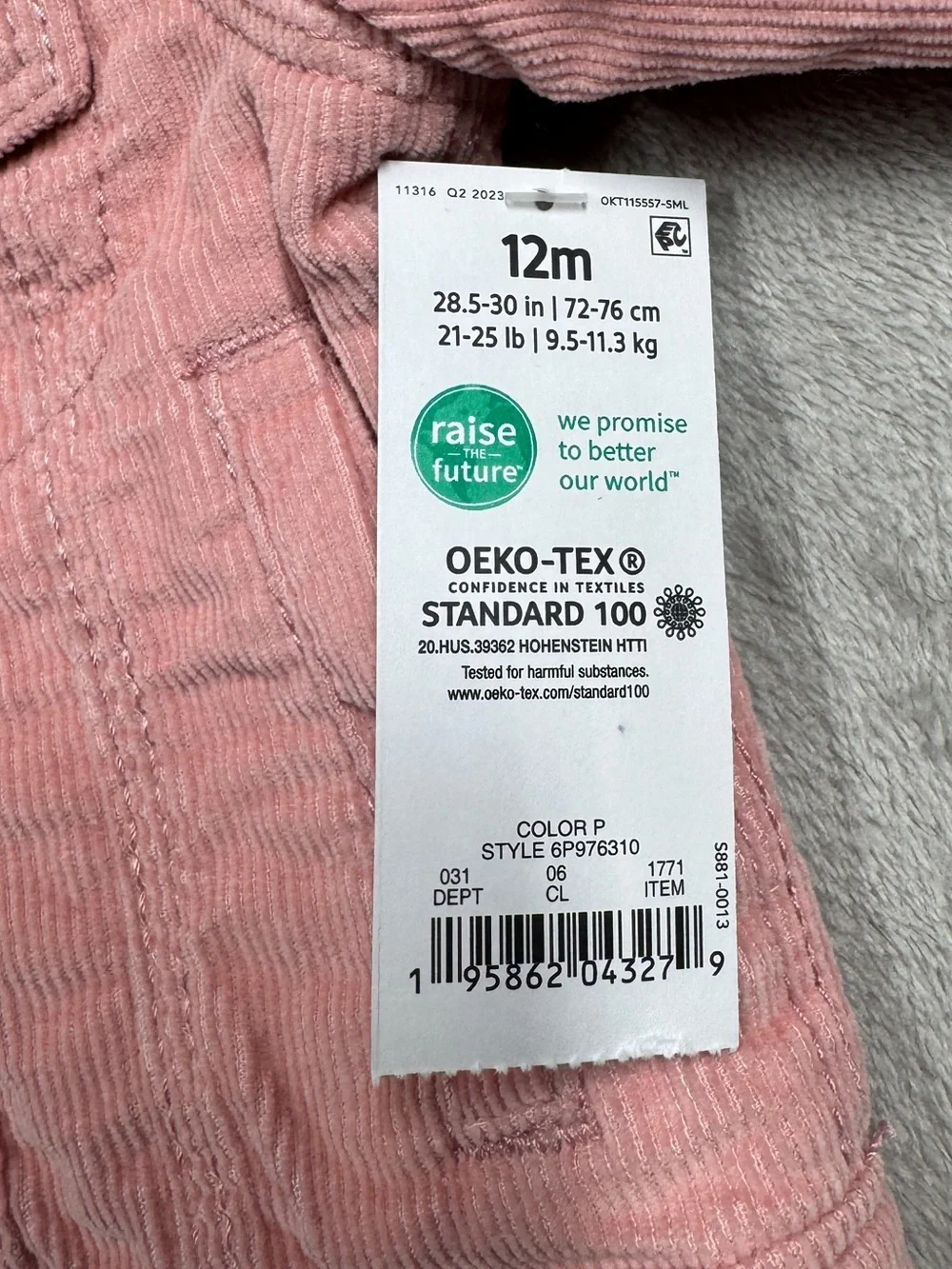 NWT OshKosh B’gosh Baby Girl Pink Corduroy Sherpa Collar Jacket Size 12 Months